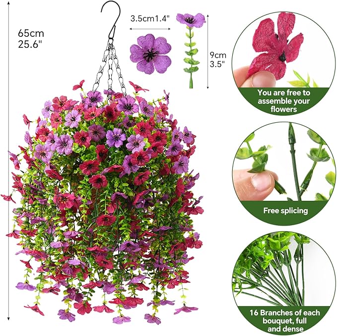 INQCMY Artificial Hanging Flowers with Basket for Spring Outdoor Decoration 3 Bunches of Silk Daisy Flower Uv Resistant for Garden Porch Patio Balcony Yard Decor (Purple Red)