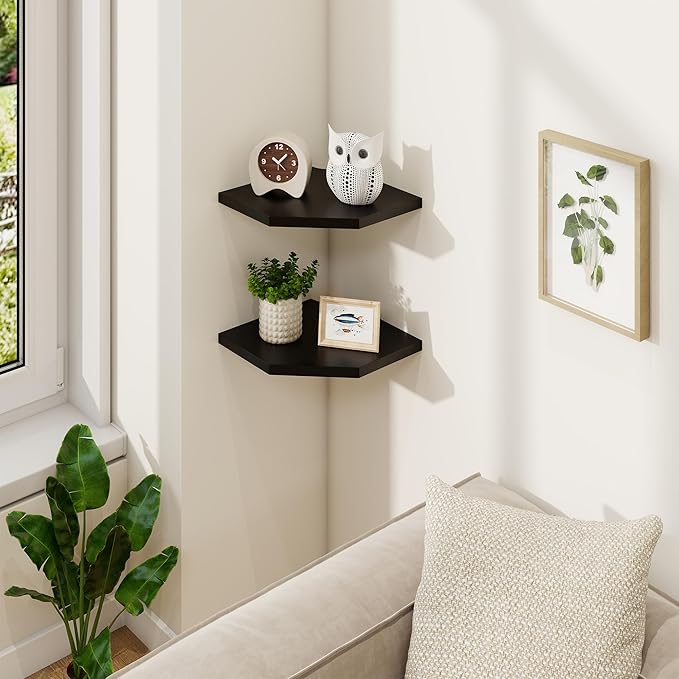 Fun Memories Corner Shelf Wall Mount Set of 2 - Solid Oak Wood Floating Corner Shelf with Cable Hole, 8.5in Rustic Design for Bedroom, Living Room, Kitchen (Black)