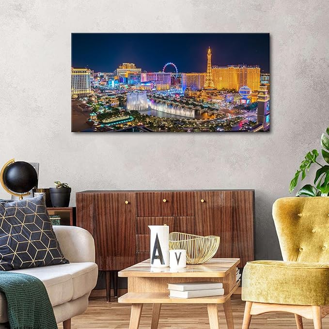 AIYISU Las Vegas Wall Art Skyline Cityscape Picture Wall Decor City Lconic Landscape Picture Nevada Sign Canvas Prints Painting Poster Modern Artwork for Bedroom Living Room Home Decoration 24x48”