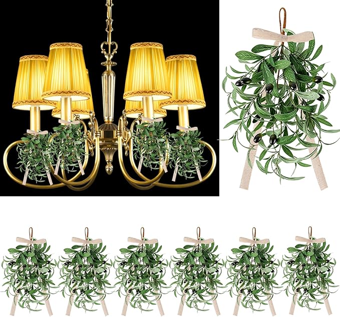 6 PCS Spring Summer Teardrop Swag Chandelier Rings Wreaths Decoration with Bow Artificial Green Olive Sconce Lighting Swag Wreath Greenery Candlestick Wreath for Farmhouse Wall Cabinet Holidays Decor