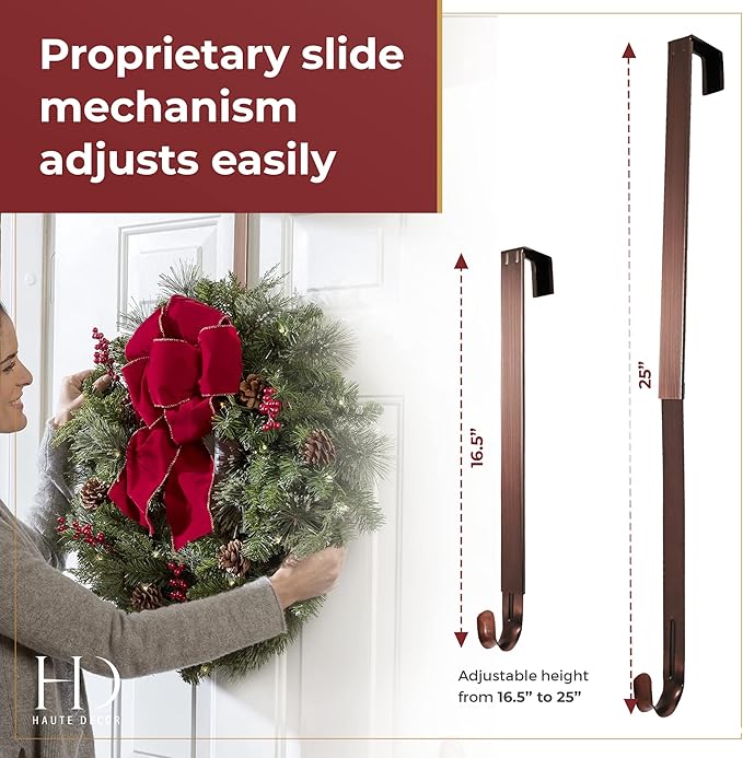 Haute Decor Adapt Adjustable Length Wreath Hanger with Interchangeable Icons (Oil Rubbed Bronze-Flag/Reindeer/Pumpkin/Fleur de lis) - 4 Wreath Hangers in 1 - Door Wreath Hanger for Every Season