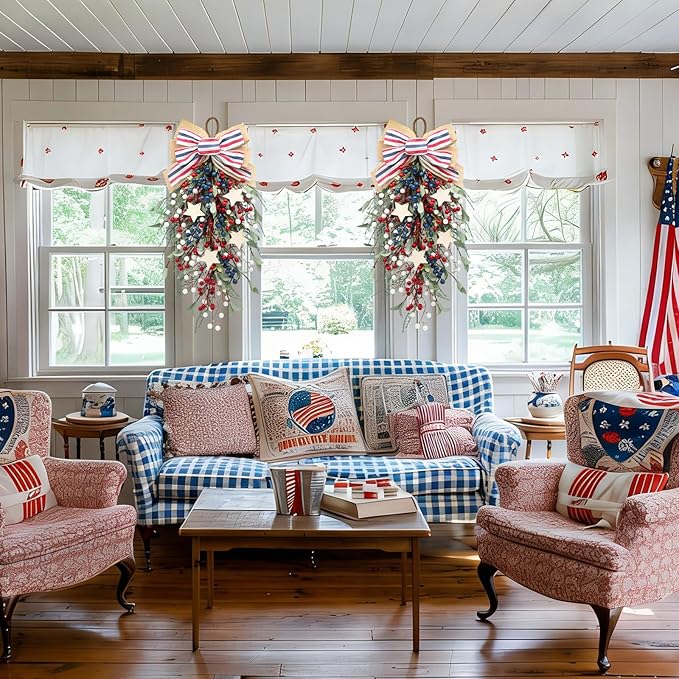 nuvagiki Patriotic Teardrop Swag Set of 2, Red White Blue Berry Front Door Decor, 4th of July Memorial Day Door Hanging Wreath, Rustic Farmhouse Independence Day Porch Decorations