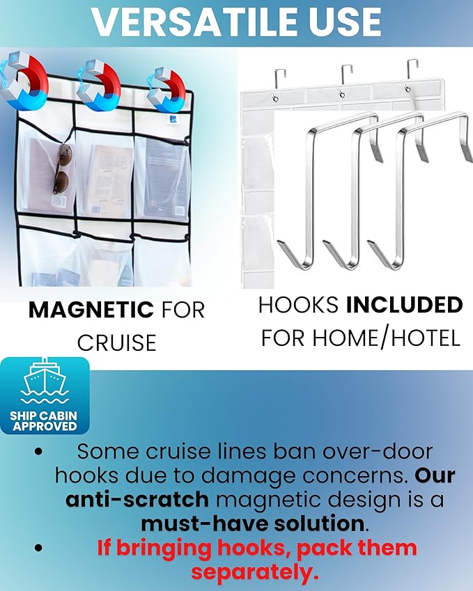 Cruise Ship Magnetic Door Organizer, Over The Door Organizer For Cruise Ships, Magnetic Shoe Rack - 3 Strong Anti-Scratch Magnets - Large Durable Pockets To Store Cruise Essentials 2026