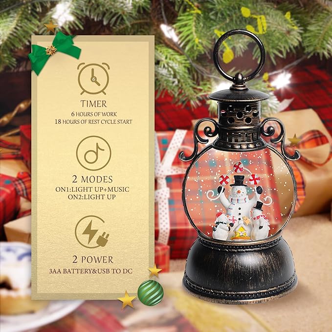Christmas Snow Globes Lantern, 8 Songs, 6H Timer, Battery & USB Powered, Brown Plastic Classic Snow Globe