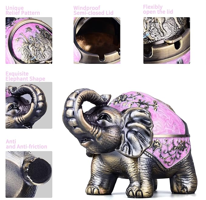LAUYOO Stand Elephant Ashtray with Lid Windproof Metal Ashtrays Outdoor, Indoor Ashtray for Smoking,Vintage Practical Decoration Ash trays for Cigarettes Great Gift for Men Women-Pink