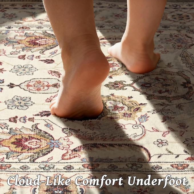 Washable 5x7 Area Rugs for Living Room, Boho Non-Slip Vintage Distress Rugs for Bedroom Dining Room Nursery Office, 0.3" Neutral Oriental Throw Thin Carpet with Cushioning Pad, Beige/Rust/Green/Multi