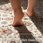 Washable 5x7 Area Rugs for Living Room, Boho Non-Slip Vintage Distress Rugs for Bedroom Dining Room Nursery Office, 0.3" Neutral Oriental Throw Thin Carpet with Cushioning Pad, Beige/Rust/Green/Multi