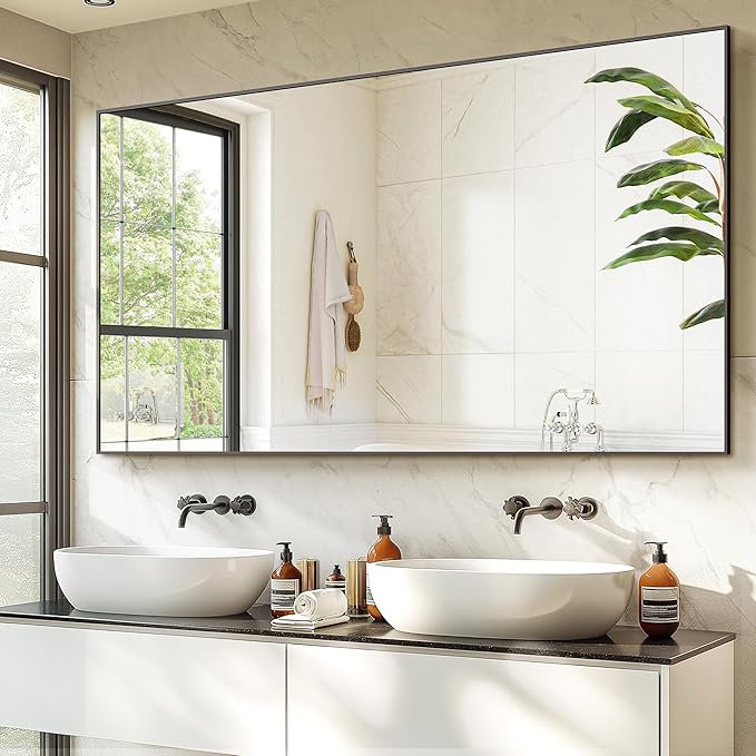 TRAHOME Bathroom Vanity Mirror for Wall, 60" x 36" Metal Framed Rectangular Bathroom Wall Mirror for Over Sink, HD Shatterproof Glass, Hangs Horizontally or Vertically(Black)