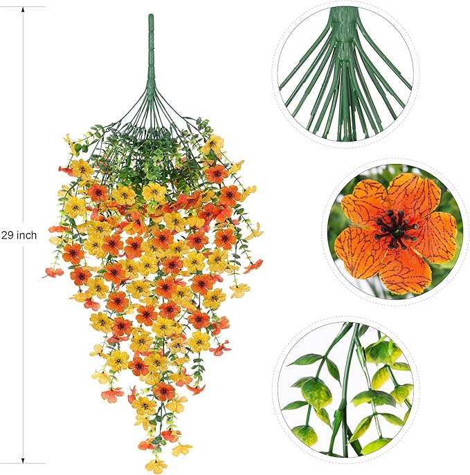 Artificial Hanging Flowers for Outdoors Fake Plants Decoration, 2 Packs Faux Silk Daisy Flower Realistic Outdoor Flowers UV Resistant Porch Patio Window Yard Indoor Spring Decor(Yellow Orange)