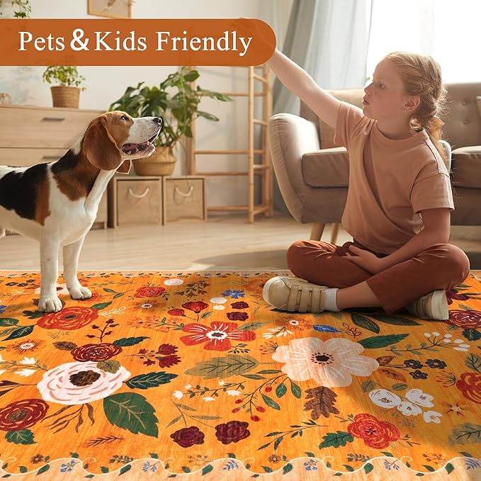 U'Artlines 6x9ft Fall Floral Area Rug, Machine Washable Ultra Soft Low Pile Non Slip Non Shedding Accent Floor Carpet for Living Room, Bedroom, Dining Room, Office (Orange)
