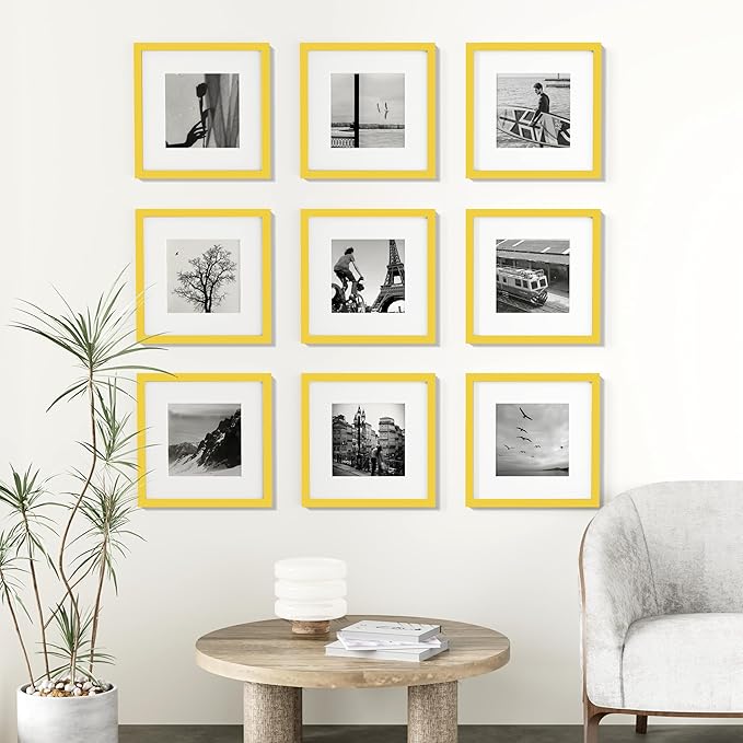 Vittanly 12x12 Picture Frames Set of 9, Shatter Resistant Plexiglass, Display 8x8 Pictures with Mat or 12x12 without Mat, Photo Frames for Wall Mount, Engineered Wood, Yellow
