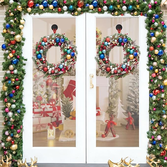 Black Wreath Hangers for Front Door Decor, 22LB Strong Suction Cup Garland Hooks for Christmas Easter Valentine Decorations, Wreath Door Hanger for Glass Window Indoor Outdoor, Reusable Garland Hanger