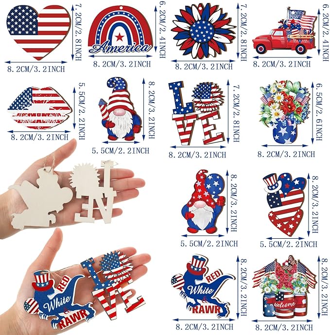 Sintuff 36 Pcs 4th of July Tree Decorations Patriotic Ornaments for Tree Independence Day Hanging Ornament Summer Red White Blue Wooden Decor for 250th Anniversary Memorial Day Party Supplies Crafts