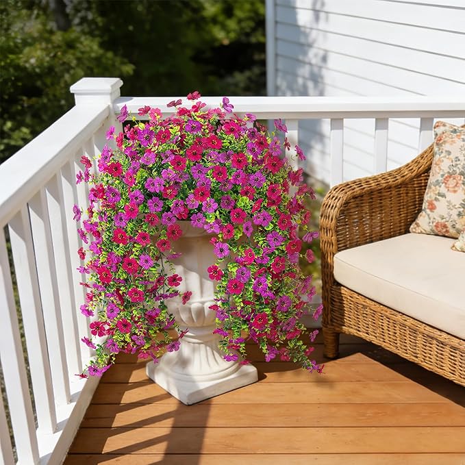 2Pcs Fake Hanging Flowers for Outdoor Decoration Artificial Hanging Flowers Realistic Daisy Plants UV Resistant, Faux Silk Flower for Porch Patio Window Box Outside Decor(Fuchsia Purple)