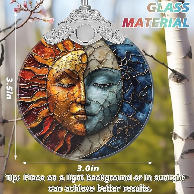 Stained Glass Suncatcher Ornament - Sun and Moon Christmas Decorations - Christmas Ornaments for Tree - Holiday Present Ideas - Gift Exchange