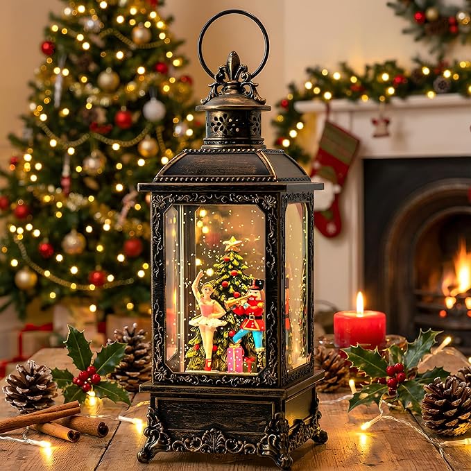 Christmas Snow Globe Lantern Water Glittering Nutcracker Ballerina with Music & Timer, USB Lined/Battery Operated Lighted Lantern for Christmas Festival Decoration Gifts