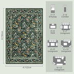 Vintage Botanical Dark Green Area Rug 4x6 Elegant Floral Pattern, Durable Stain-Resistant Fabric, Perfect for Living Room, Bedroom, Dining Room Decor