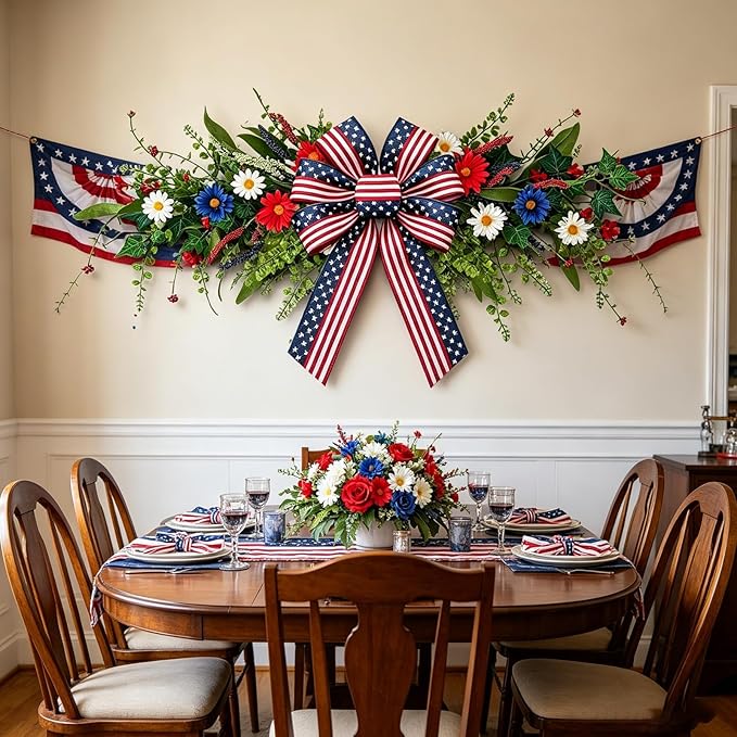 4th of July Patriotic Floral Swag Artificial Red White and Blue Independence Day Front Door Daisy Flowers Twigs Swag Memorial Day 250th Anniversary Veterans Day Decor for Arch Wall Home Door Decor