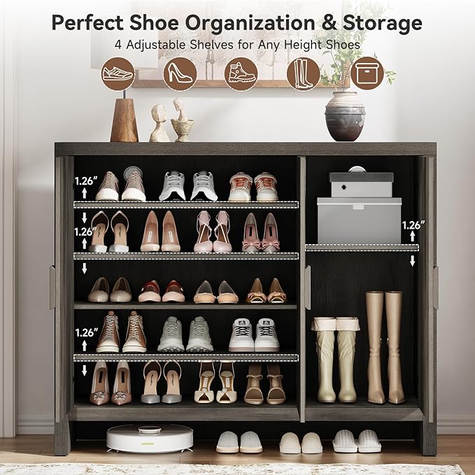 ONBRILL Shoe Cabinet with 3 Doors, 30 Pairs Shoe Storage Cabinet with Adjustable Shelves & Ventilation Hole Design, 47'' Wide Shoe Rack Shoe Organizer Cabinet for Entryway Living Room (Black Smoky)