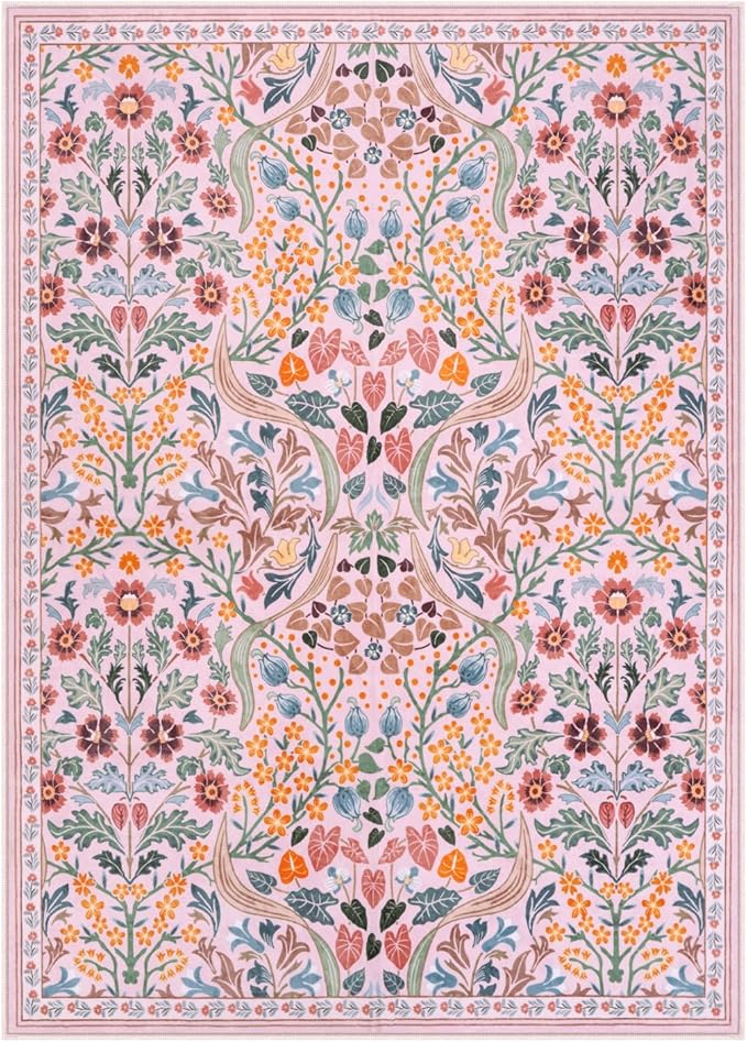 Moynesa Floral Washable Area Rug 5x7, Pink Rugs for Bedroom Soft Living Room Rug, Non Slip Ultra Thin Boho Rug for Nursery Flower Indoor Floor Carpet for Girls Room Dorm, Pink