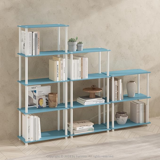 Furinno Turn-N-Tube Book Shelf, 4-Tier Bookshelf, Bookcase with Multipurpose Compact Display Rack, 11.6 x 23.6 x 43.2, for Living Room, Bedroom, Home Office, Light Blue/White