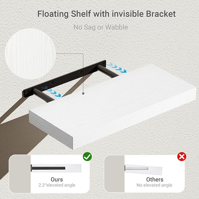 Vivelove 16 inch Floating Shelves for Wall, Bathroom Shelves Over Toilet, Wall Shelf for Bedroom, Living Room, Kitchen, Office Home Decor, Narrow Shelves with Invisible Brackets - Set of 2, White