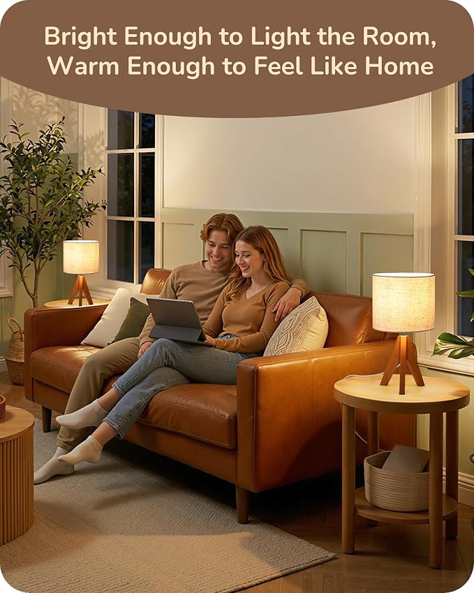 EDISHINE Tripod Table Lamp, Small Cute Bedside Lamp with Linen Beige Lampshade, Nightstand Lamp for Nursery, Bedroom, Kid Room, Living Room, Light Brown Wooden Base, E26 Socket, 14.2 Inch