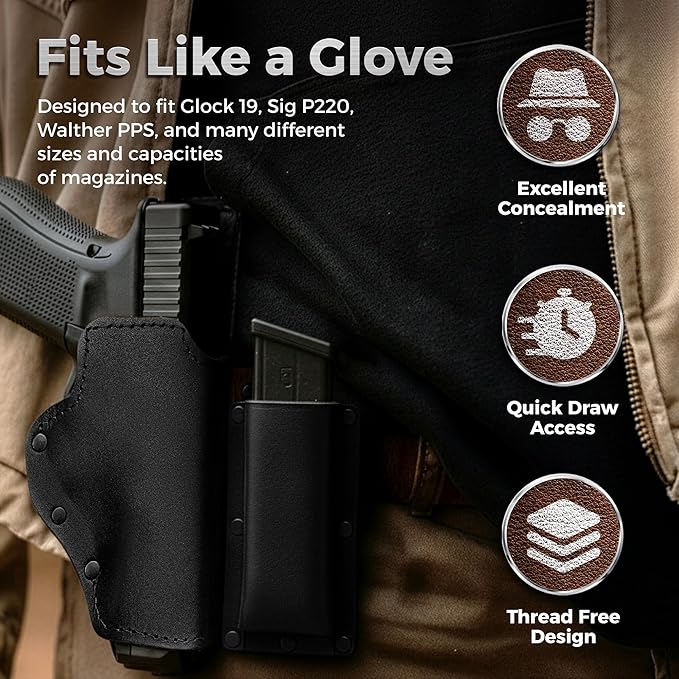 Buffalo Leather Magazine Holder - IWB/OWB Convertible - Right/Left Handed for Men and Women - Premium Mag Belt Pouch - Compatible with Glock & Sig