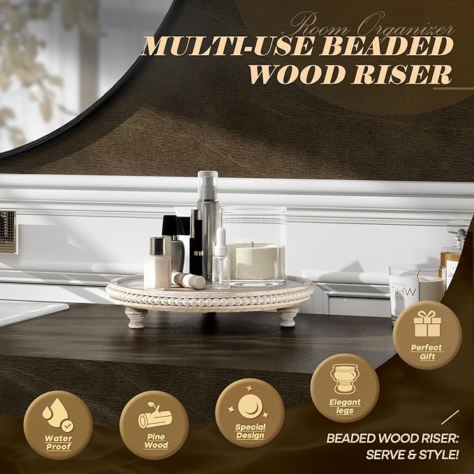 EOSAHR Rustic Round Pine Wooden Display Riser – Farmhouse Beaded Wooden Trays For Decor, Plant Stand & Coffee Table – Display Risers for Room Decor & Kitchen Organizer (Light-Natural)