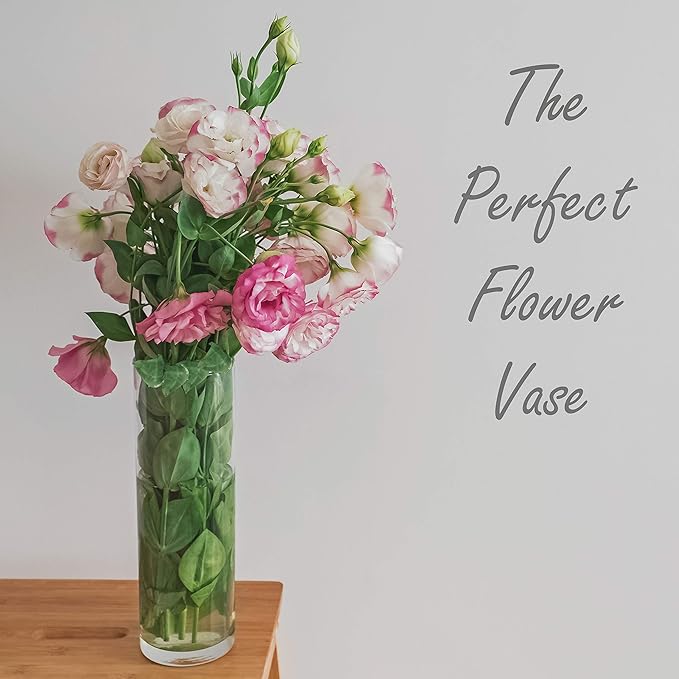 CYS Excel Clear Glass Cylinder Flower Vase, 14" Height x 4" Diameter, Elegant Hand-Blown Glass Wedding Floral Centerpiece Versatile Hurricane Candle Holder