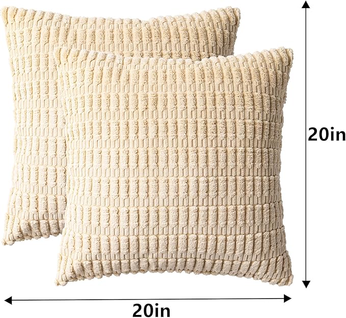Aegero Pack of 2 Corduroy Decorative Throw Pillow Covers 20x20 InchSoft Boho Striped Pillow Covers Modern Farmhouse Home Decor for Sofa Living Room Couch Bed（Beige）