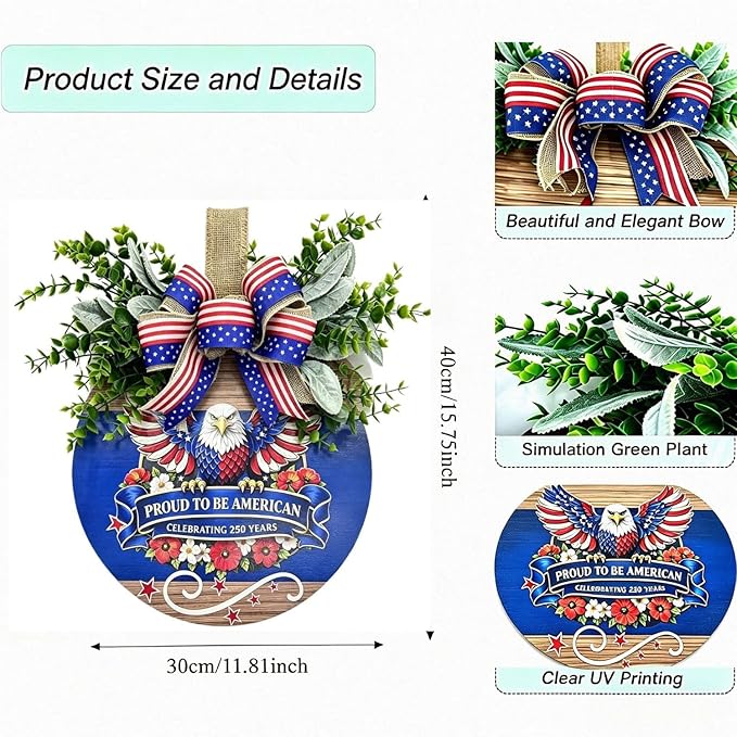 USA 250th Anniversary Patriotic Wreaths for Front Door, 4th of July & Memorial Day Outdoor Patriotic Decorations,12" Wooden Round Sign Decor for Porch, Wall, Window (Color-Proud)