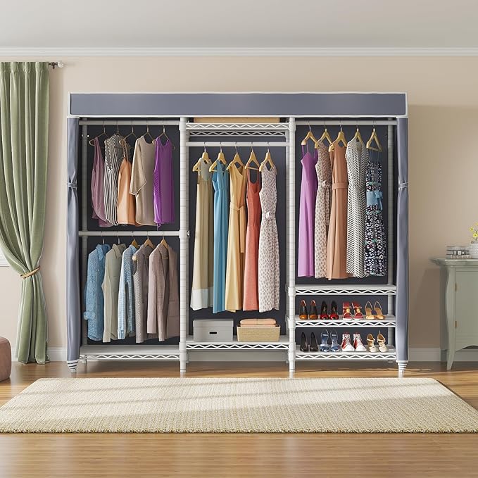 VIPEK V5C Portable Bedroom Armoires Wardrobe Closet with Cover, Heavy Duty Covered Clothes Rack Adjustable Closet Rack, White Metal Clothing Rack with Grey Oxford Fabric Cover, 68.9" Lx15.7 Wx76.4 H