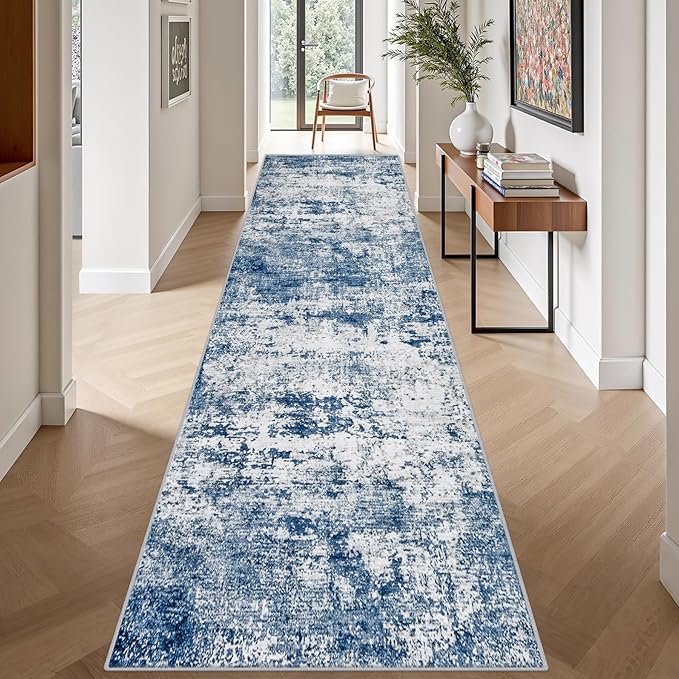 Washable Area Rug 3x14 Entryway Rug: Washable Modern Abstract Soft Thin Rug Indoor Floor No Slip Stain Resistant Carpet for Bedroom Dining Room Farmhouse Nursery Home Office - Blue