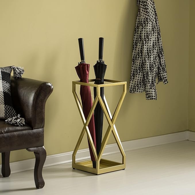 Vintiquewise Decorative Gold Square X Design Umbrella Holder Stand for Indoor and Outdoor