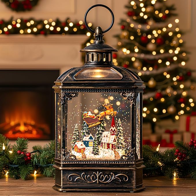 Christmas Snow Globe Swirling Glittering Lantern Santa Flying with Reindeer, USB Lined/Battery Operated Lighted Water Lantern for Christmas Festival Decoration Gifts