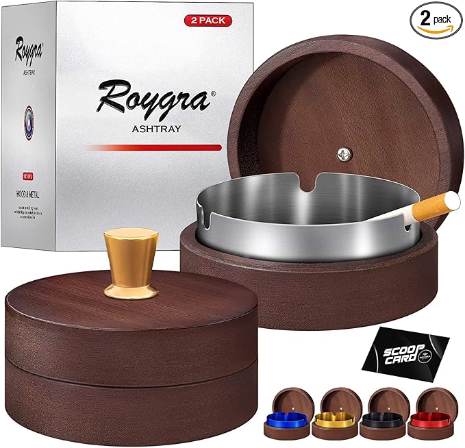 roygra Wooden Ash Tray with Lid (2 Pack), Outdoor Ashtray for Outside Patio, Smokeless Ashtrays for Cigarettes with 3 Holder, Smoking Accessories, Home Décor, Ashtrays for Smokers Indoor - Silver