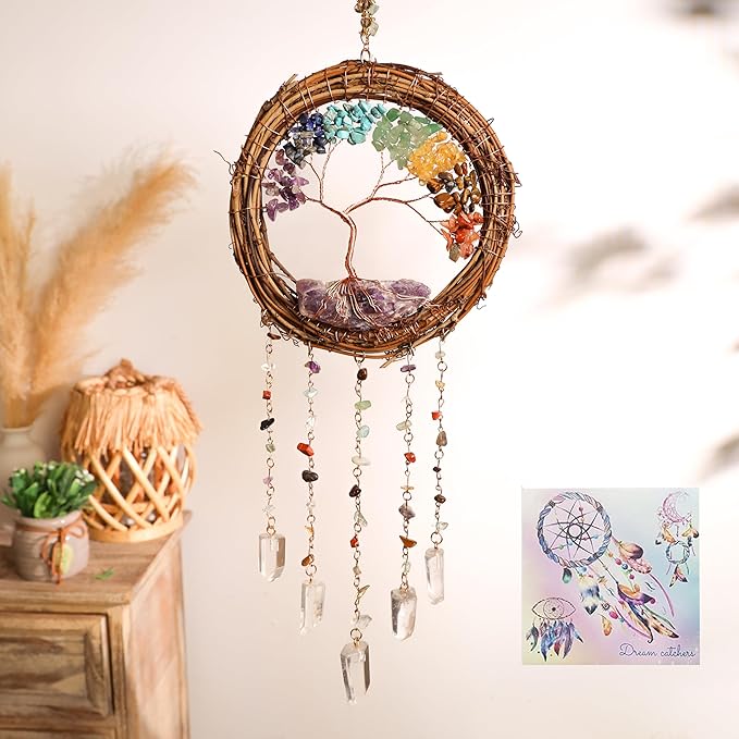 Dream Catcher - Dreamsum 7 Chakra Tree of Life Dream Catcher Native Boho Dreamcatcher Rattan Wall Decor, Handmade Natural Rattan Brown Crystal Hanging Decor for Bedroom Living Room (Dark Brown)