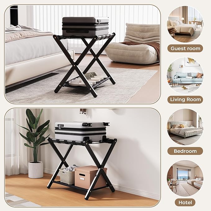 26.77" Full Assembled Luggage Rack for Guest Room, Set of 2 Bamboo Foldable Suitcase Stand, Bedroom & Hotel, Folding Luggage Holder with 5 Nylon Straps, 600D Oxford Fabric Shelf Black