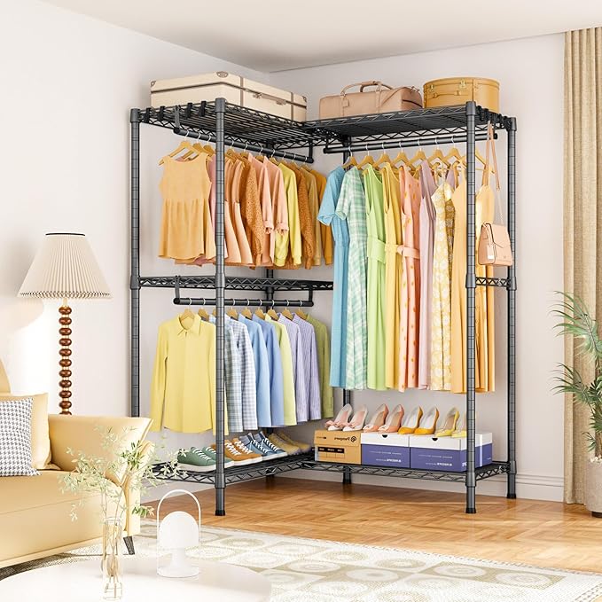 E15 Garment Rack L Shaped Clothes Rack for Corner，Freestanding Clothing Racks for Hanging Clothes，Heavy Duty Closet Organizer with 4 Hanging Rods & 8 S Hooks，43.4" W x 15.8" D x 78.4" H，Grey