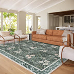 Washable 8x10 Area Rug - Light Green Vintage Floral with Ornate Border, Soft Low Pile Carpet for Living Room, Dining Room Under Table, Bedroom Non-Slip, Stain Resistant & Durable