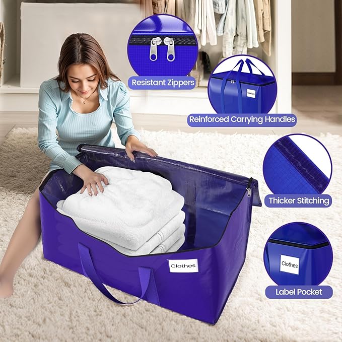 Moving Storage Bags, Moving Supplies Packing Boxes for Moving, Camping, College Dorm Room Essentials for Girls, Blue Tote Bags, Heavy-Duty Storage Bins With Lids And Zippers, 125L 4 Pack