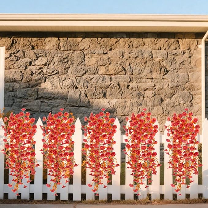 Fake Fall Hanging Flowers Artificial for Outdoor Decoration, 2 PCS Autumn Silk Faux Flowers Morning Glory with Eucalyptus Leaves, Realistic Hanging Plants for Wedding Home Office Garden Decor, Red