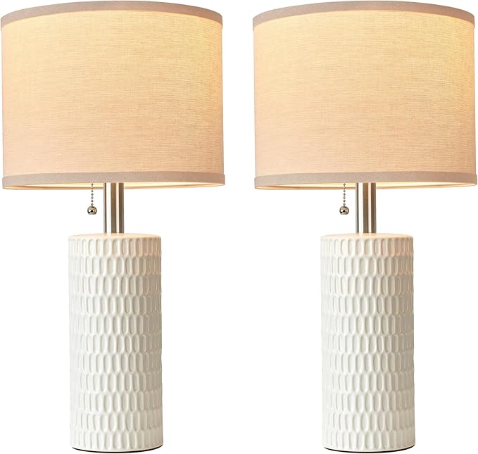 Reaketon 20.5" Modern Ceramic Table Lamps for Bedroom Set of 2, Bedside Lamps for Night Stands with Beige Lampshade, Farmhouse Table Lamp for Living Room Office Dorm, White