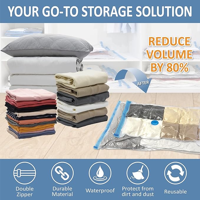 Cozy Essential Vacuum Storage Bags, Compression Space Saver Bags for Clothes, Comforters, Blankets, Pillow, Bedding, Sealer Clothing Storage,12 Combo