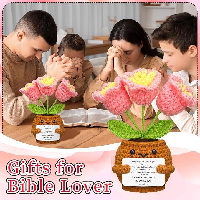 Wavwavw Christian Gift for Women Positive Handmade Crochet Doll with Bible Verse Prayer Card Inspirational Scripture Religious Crochet for Christmas Sunday Group Church(Pink Lily Valley)