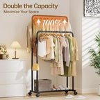 Delamu Clothes Rack, Double Rods Clothing Rack for Hanging Clothes, Metal Garment Rack with Rolling Wheels, Portable Wardrobe Closet Rack for Coat, Bedroom, Laundry, Black