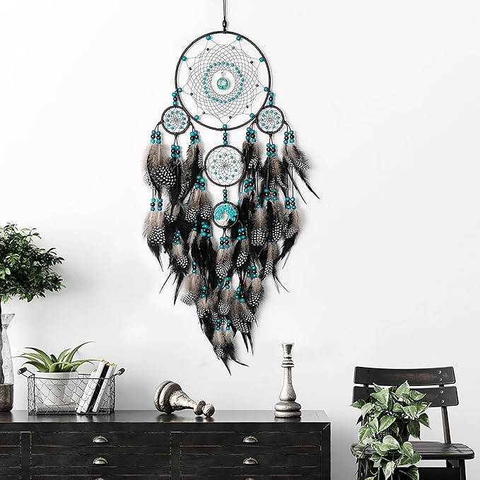 Large Dream Catchers, Boho Handmade Woven Black Dream Catchers Wall Hanging for Bedroom Living Room Dorm Room Decor, Adults Wedding Party Decor, Festival Blessing Gift (Turquoise & Black)