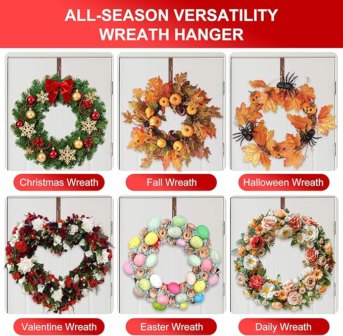 2-Pack Adjustable Wreath Hangers for Front Door Decor, 12.5-20" Heavy Duty Metal Over The Door Hooks (22 lbs) for Easter & Welcome Signs, Ultra-Thin Scratch-Free Holder for Tall & Storm Doors