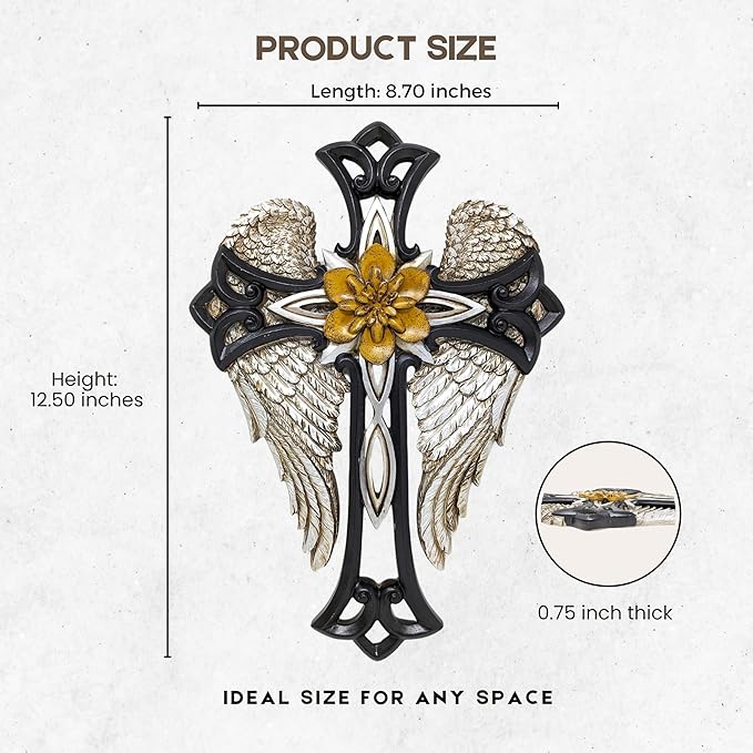 Angel Wings Cross with Flower – Decorative Resin Wall Cross with Elegant Design – Religious Home Décor for Prayer Room or Living Room – Ideal Gift for Birthdays, Christmas, and Special Occasions